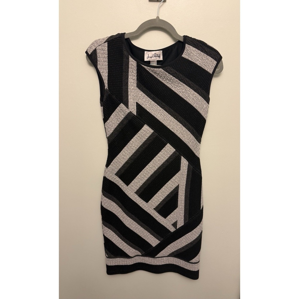 Joseph Ribkoff Textured Sheath Dress 4‎ Black Gray Geometric Stretch Workwear